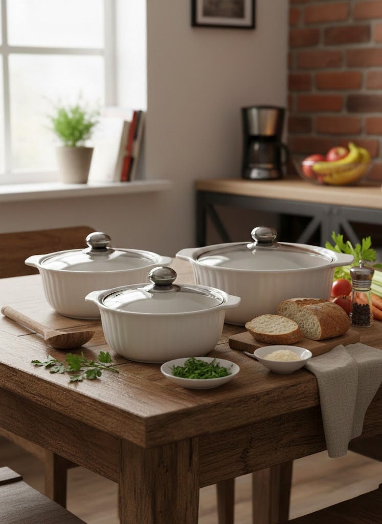 3-Piece Ceramic Soup Bowl Set With Glass Lid White/Silver; Small Bowl 8.5 Inch, Medium Bowl 10 Inch, Large Bowl 11.5 Inch